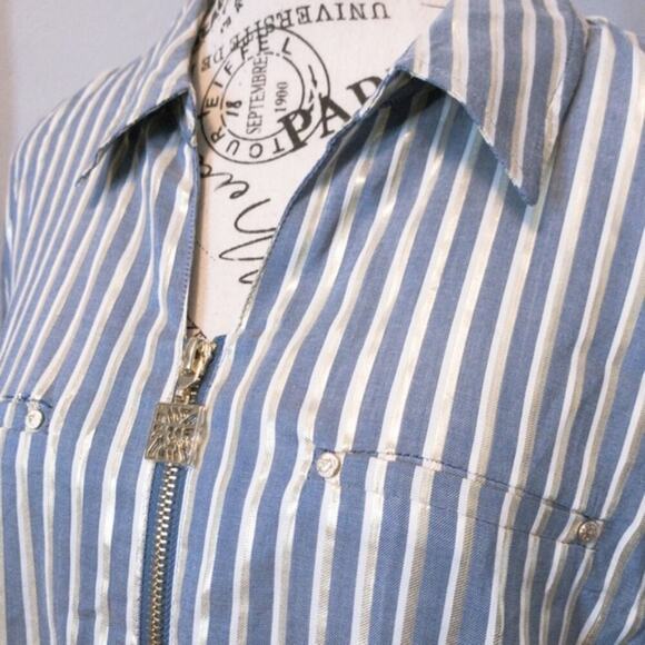 Anne Klein Zip Up 3/4 Sleeve Pin Striped Blouse Mountain Lake Combo Plus Size 2X - Picture 5 of 12